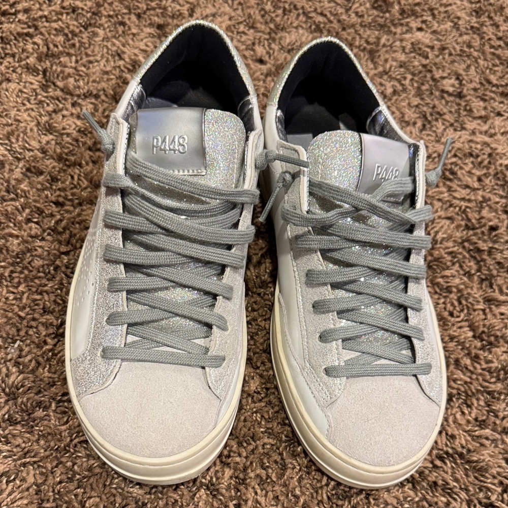 P448 John | Silver Glitter Low-Top Sneakers | Gray Suede Leather | Women’s Sz 38